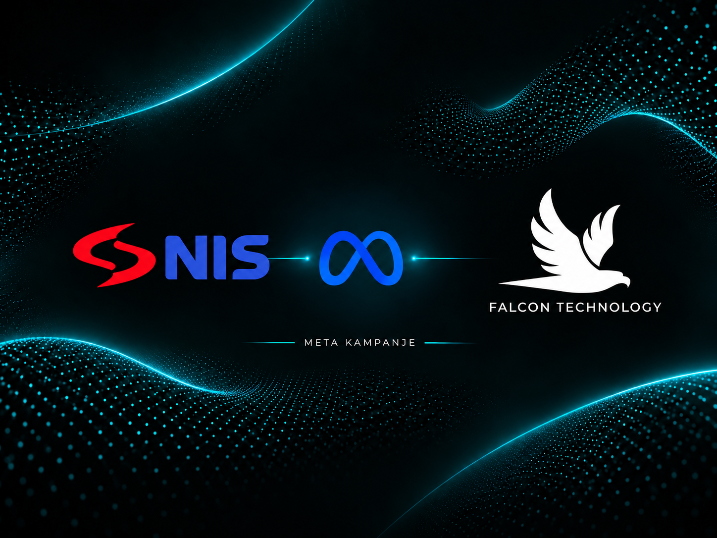 Logotipi NIS-a, Meta platforme i Falcon Technology-ja povezani cijan linijama na tamnoj pozadini.